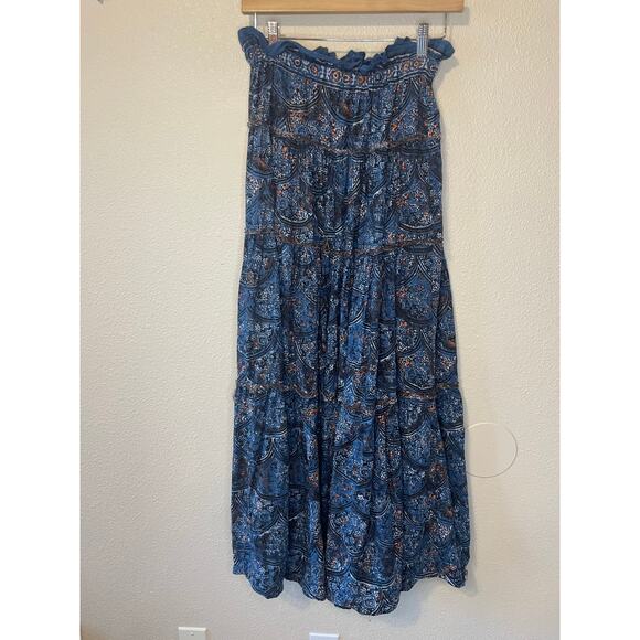 Free People Boho Cottage Core Blue Printed Tiered Linen Blend Maxi Skirt Small - Picture 13 of 16